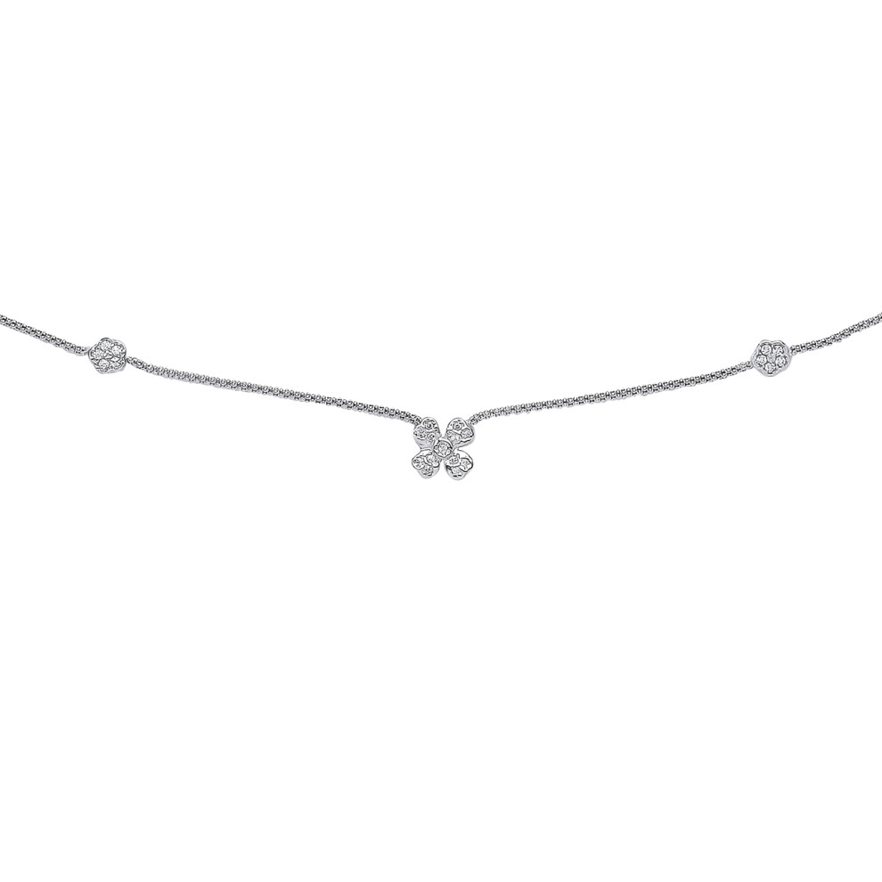 Silver  CZ Pave Flower Clover Popcorn Necklace 1mm - GVK116