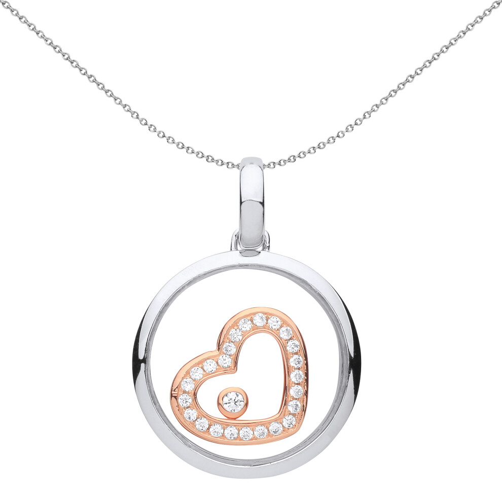 Jewelco London Ladies Rhodium & Rose Gold-Plated Sterling Silver Cubic Zirconia Floating Stone Heart Pendant Necklace 18 inch - GVP336