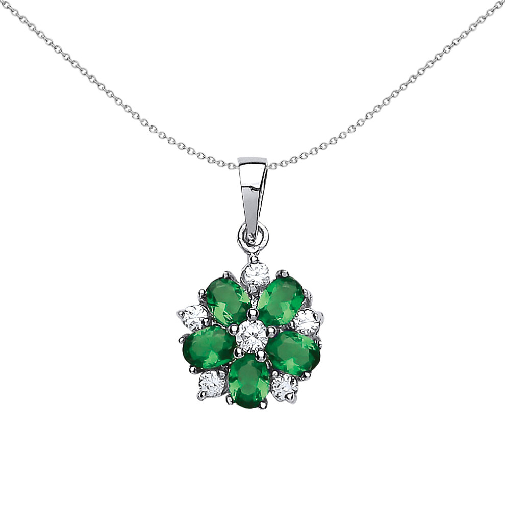 Jewelco London Ladies Sterling Silver Emerald-Green Oval Cubic Zirconia Tudor Rose Flower Petal Pendant Necklace 18 inch - GVP181EME