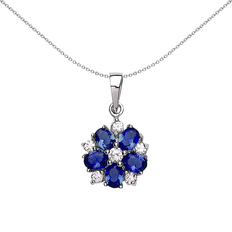 Jewelco London Ladies Sterling Silver Sapphire-Blue Oval Cubic Zirconia Tudor Rose Flower Petal Pendant Necklace 18 inch - GVP181SAP
