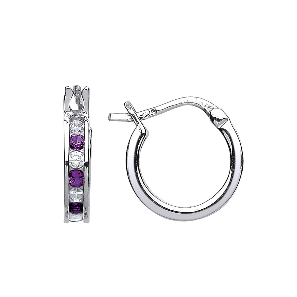 Jewelco London Ladies Sterling Silver Purple Cubic Zirconia Channel Set Eternity Hoop Earrings 12mm - GVE416-AMY