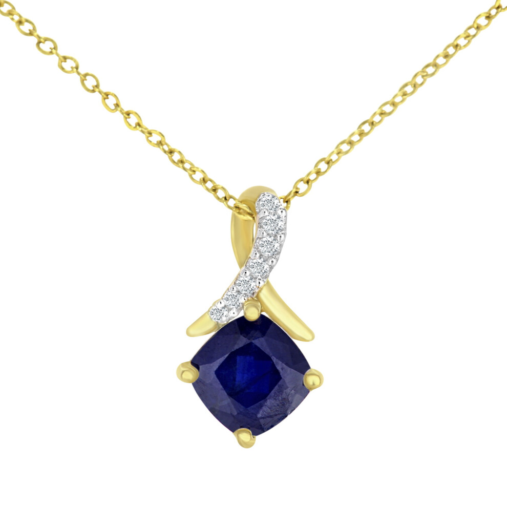 Jewelco London 9ct Yellow Gold Round 2pts Diamond Cushion 0.77ct Sapphire Kiss Crossover Pendant Necklace 18 inch 46cm - PP0AXL5932YSA