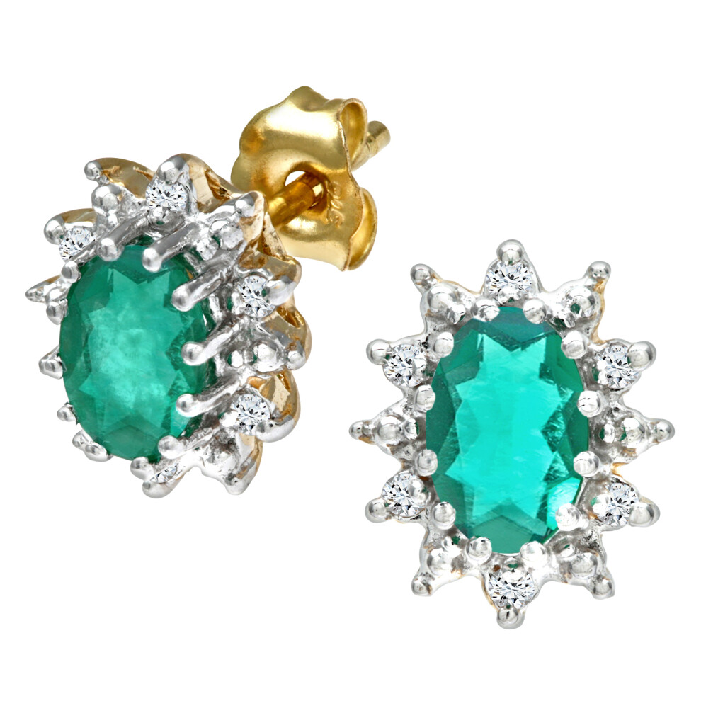 9ct Gold  5pts Diamond Oval 0.9ct Emerald Cluster Stud Earrings - PE0AXL1535YEM