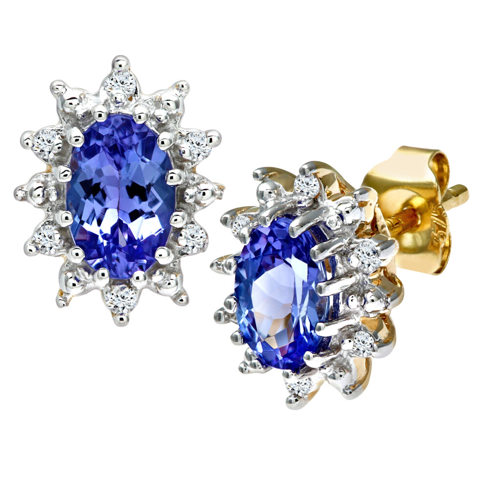 Jewelco London 9ct Yellow Gold Round 5pts Diamond Oval 1ct Tanzanite Cluster Stud Earrings - PE0AXL1535YTanz