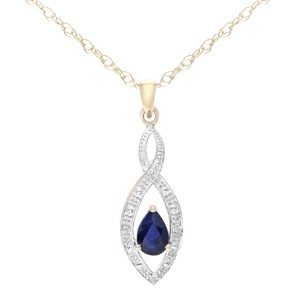 Jewelco London 9ct Yellow Gold Round 1.5pts Diamond Pear 0.6ct Sapphire Teardrop Pendant Necklace 18 inch 46cm - PP0AXL3616YSA