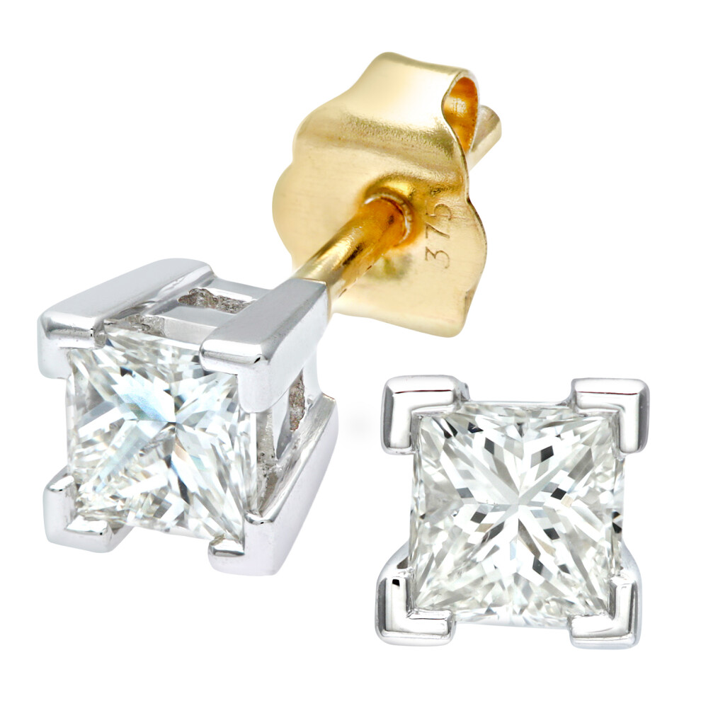 Jewelco London 9ct White & Yellow Gold Princess 1/2ct Diamond Solitaire Stud Earrings - PE0AXL1797YW
