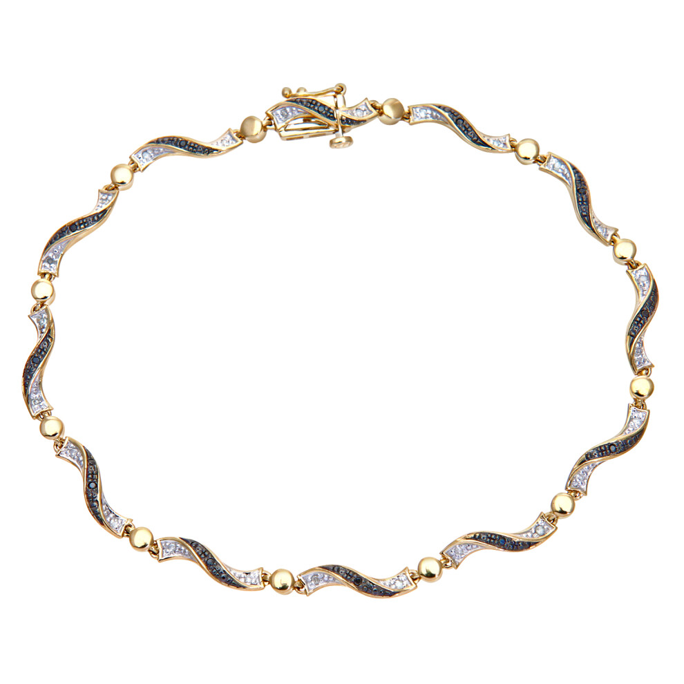 Jewelco London 9ct Yellow Gold Round 10pts Diamond Ball & Ribbon Candy Twist Link Bracelet - PBCAXL02783YBlkDia
