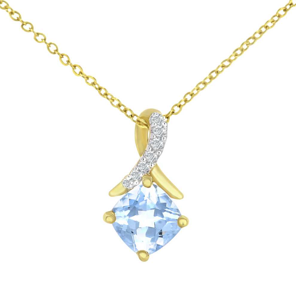 Jewelco London 9ct Yellow Gold Round 2pts Diamond Cushion 0.7ct Blue Topaz Kiss Crossover Pendant Necklace 18 inch 46cm - PP0AXL5932YBT