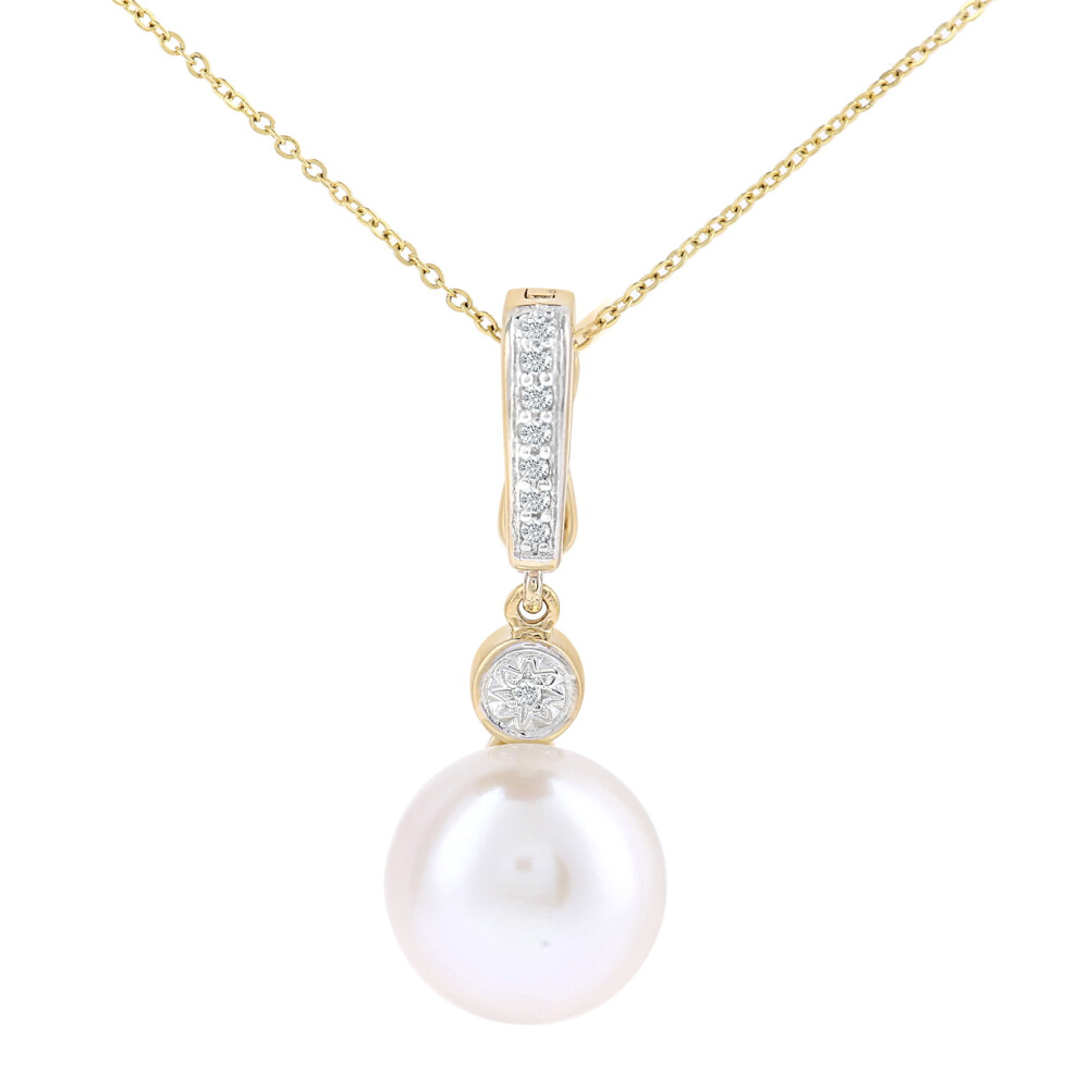 9ct Gold  5pts Diamond Pearl 10.5mm Lightbulb Cap Necklace 18" - PP0AXL6071YPRL