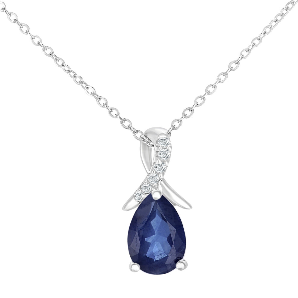 Jewelco London 9ct White Gold Round 2pts Diamond Pear 0.94ct Sapphire Kiss Crossover Pendant Necklace 18 inch 46cm - PP0AXL5931WSA