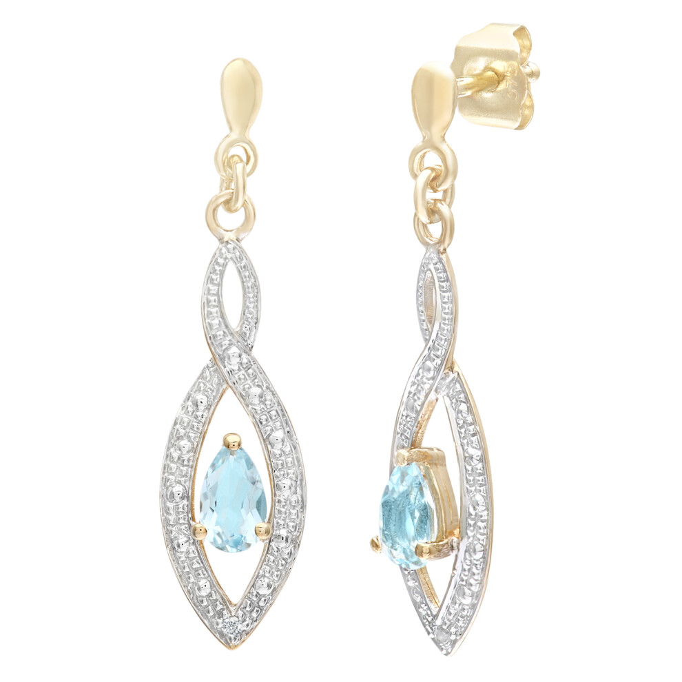 Jewelco London 9ct Yellow Gold Round 1pts Diamond Pear 1/2ct Blue Topaz Teardrop Drop Earrings - PE0AXL3459YBT