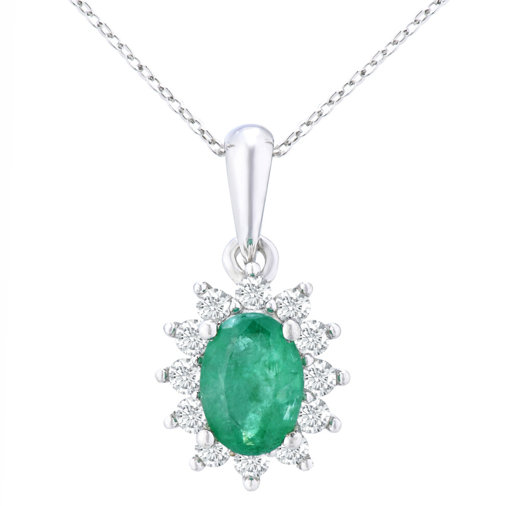 Jewelco London 9ct White Gold Round 1/4ct Diamond Oval 0.6ct Emerald Cluster Pendant Necklace 18 inch 46cm - PP0AXL5203W-EM