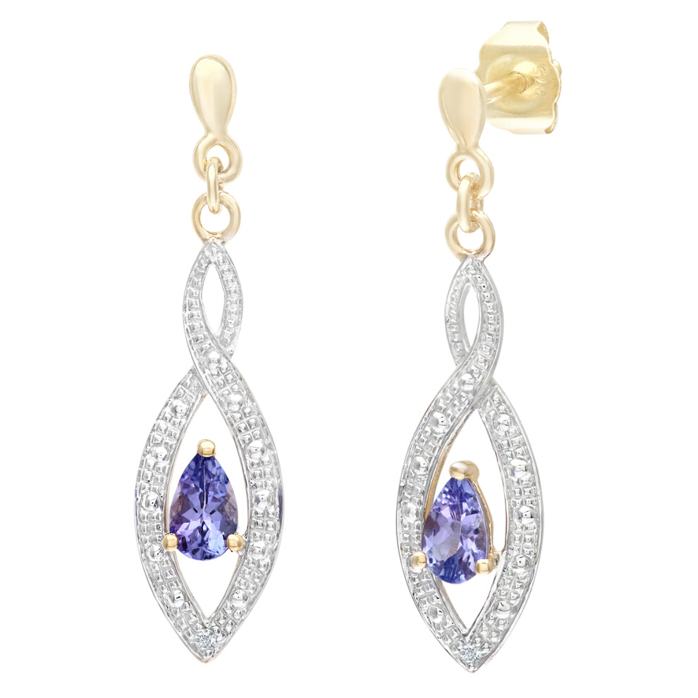 Jewelco London 9ct Yellow Gold Round 1pts Diamond Pear 0.9ct Tanzanite Teardrop Drop Earrings - PE0AXL3459YTanz