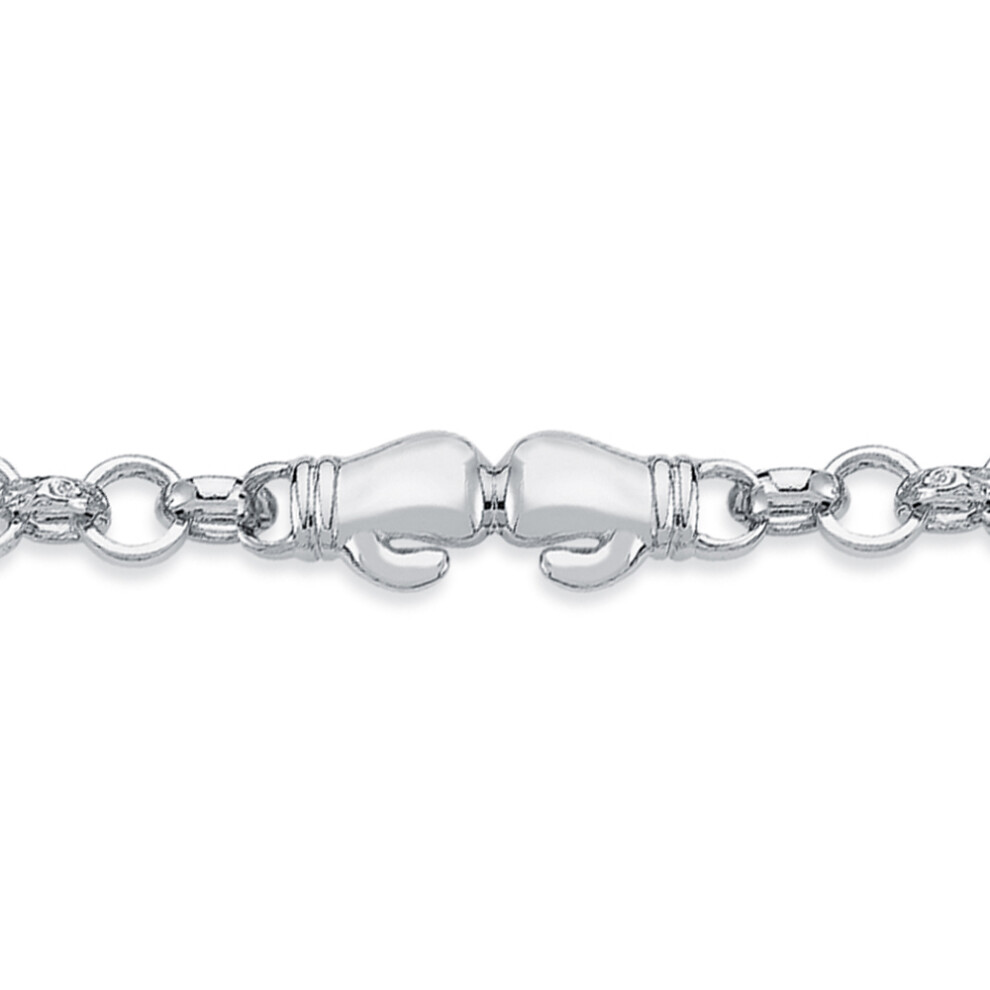 Jewelco London Boys Rhodium Plated Sterling Silver Round Cubic Zirconia Boxing Glove Belcher Bracelet 7mm 6 inch - ABB160-6