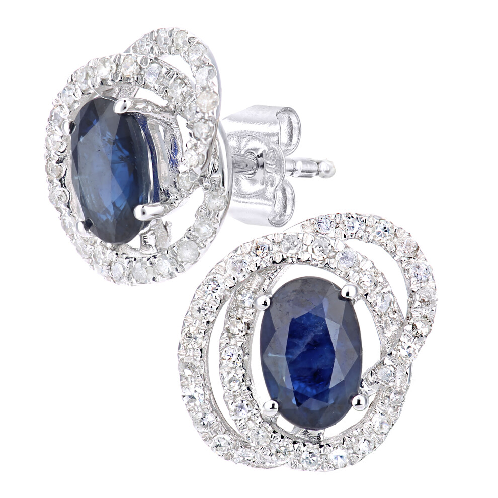 Jewelco London 9ct White Gold Round 1/4ct Diamond Oval 1.2ct Sapphire Cluster Stud Earrings - PE0AXL5744WSA