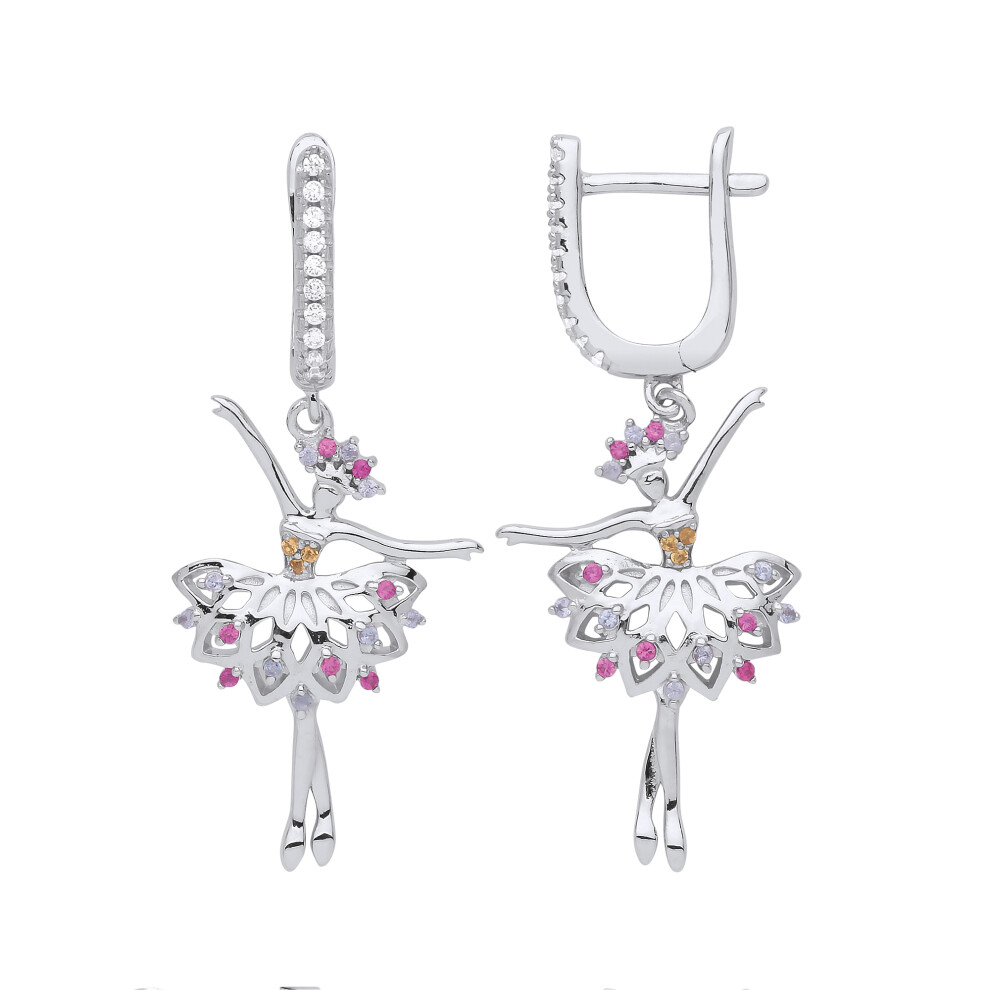 Jewelco London Ladies Sterling Silver Yellow Pink Lilac Cubic Zirconia Ballerina Ballet Dancer Drop Earrings - GVE863