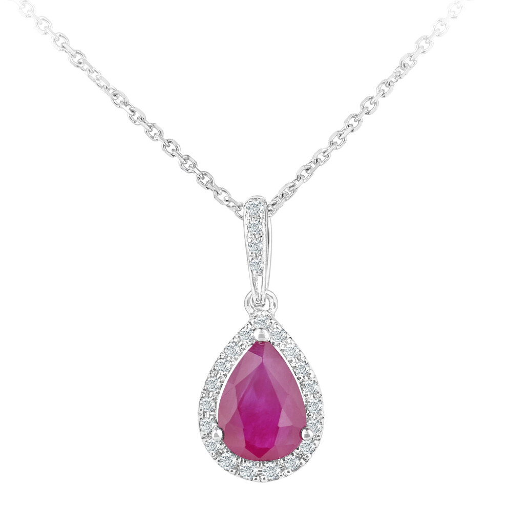 Jewelco London 9ct White Gold Round 8pts Diamond Pear 0.8ct Ruby Teardrop Pendant Necklace 16 inch 42cm - DP1AXL618WRU