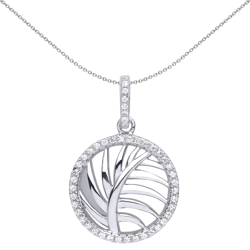 Jewelco London Ladies Sterling Silver Cubic Zirconia Palm Tree Leaf Halo Pendant Necklace 18 inch - GVP504