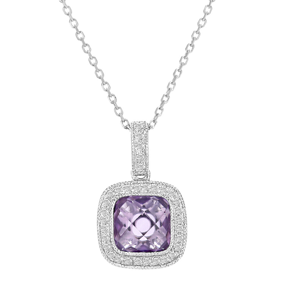 Jewelco London 9ct White Gold Round 10pts Diamond Cushion 1.25ct Amethyst Cocktail Pendant Necklace 16 inch 42cm - DP1AXL679WAM