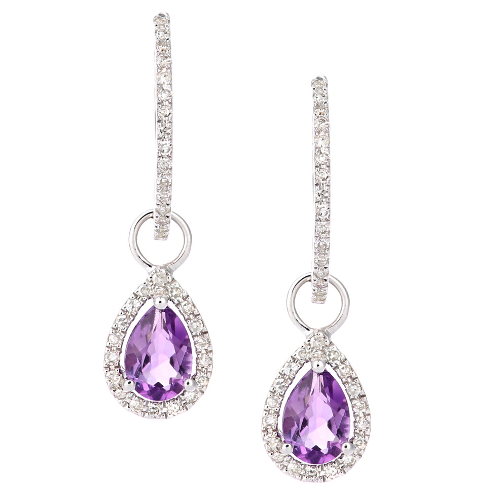 Jewelco London 9ct White Gold Round 20pts Diamond Pear 0.7ct Amethyst Teardrop Drop Earrings - DE1AXL618WAM