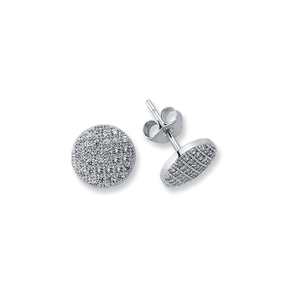 Jewelco London Rhodium Plated Sterling Silver Round Cubic Zirconia Pave Button Stud Earrings 9mm - AES121