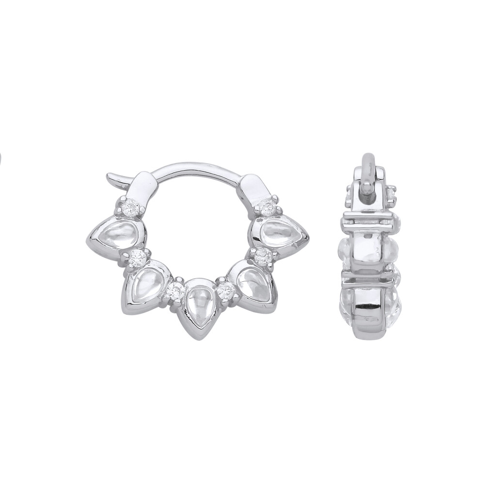 Jewelco London Ladies Sterling Silver Pear Cubic Zirconia Flower Petals Hoop Drop Earrings 13mm - GVE875