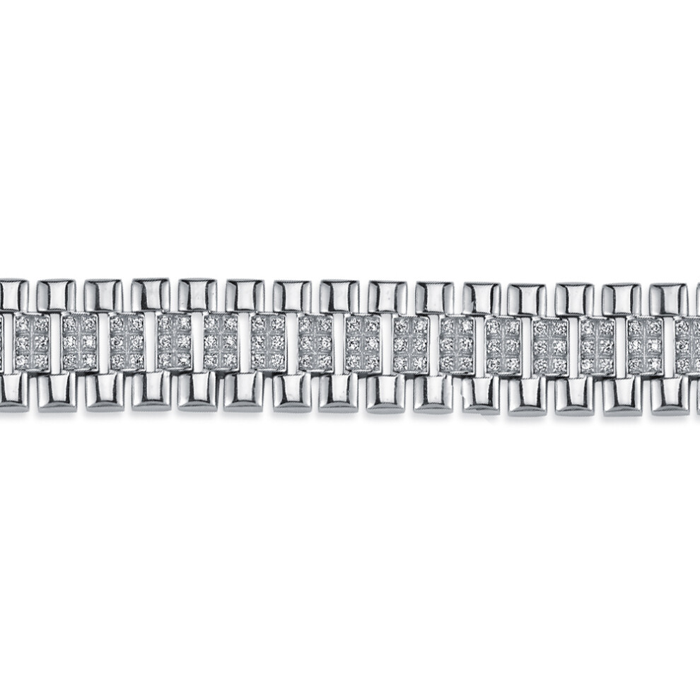 Jewelco London Mens Rhodium Plated Sterling Silver Round Cubic Zirconia Watch Link Bar Bracelet 15mm 8.5 inch - ABB165B-8.5