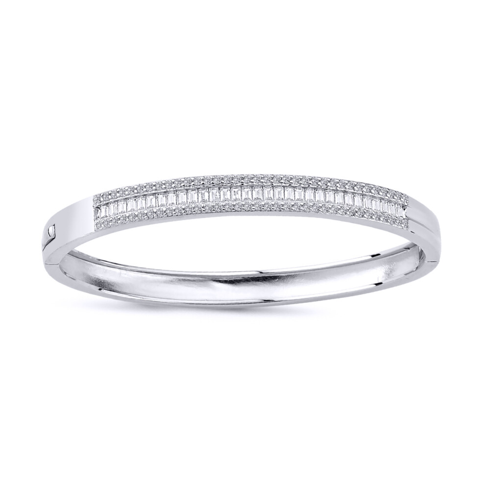Jewelco London Ladies Sterling Silver Baguette Cubic Zirconia Channel Eternity Bangle Bracelet 6mm - GVG197