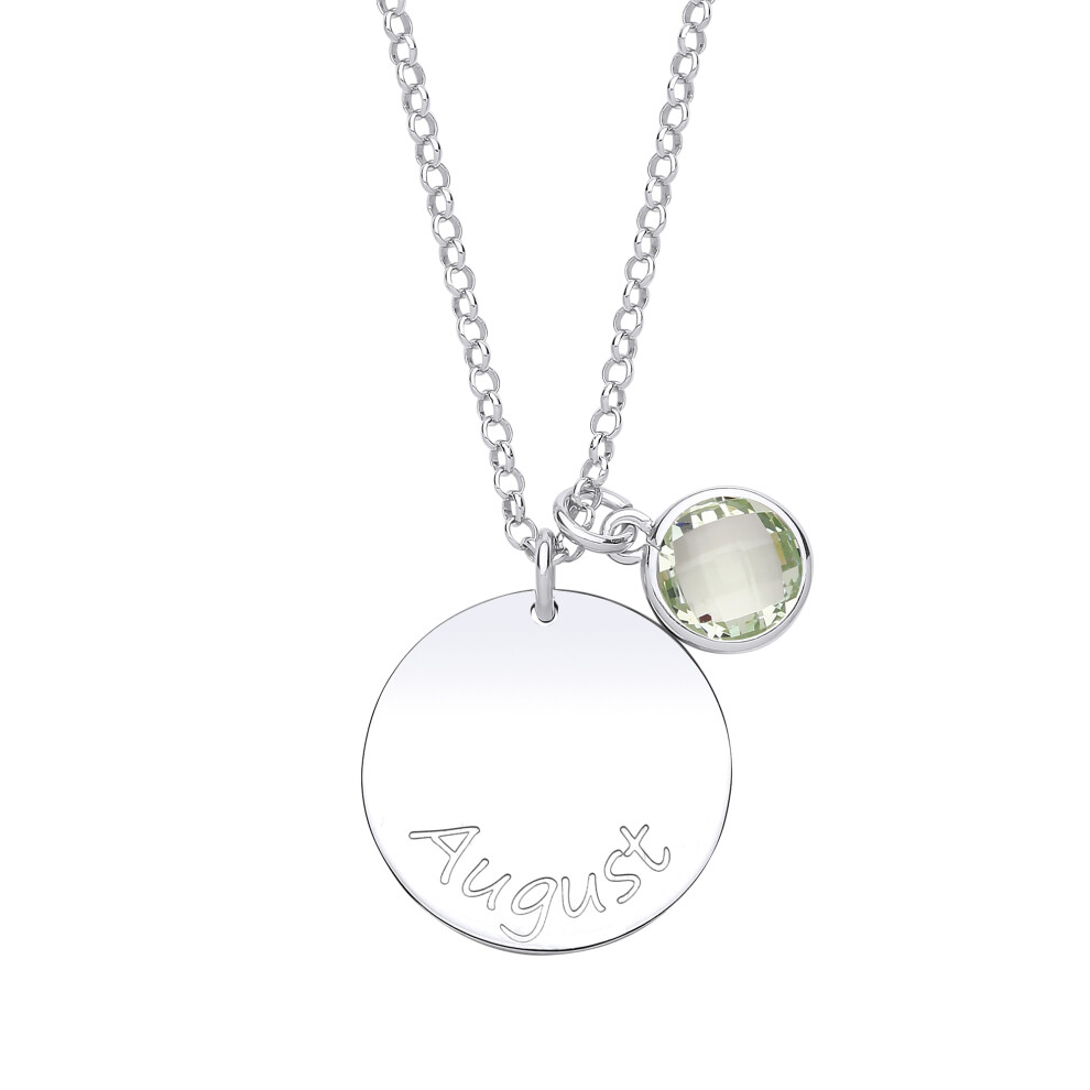 Jewelco London Ladies Sterling Silver Peridot-Green Checkerboard Button Cubic Zirconia Birthstone Round Tag Medallion Necklace 16 inch - GVK306PER