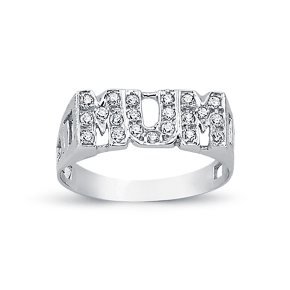 (M) Jewelco London Rhodium Plated Sterling Silver Round Cubic Zirconia MUM Signet ID Ring 8mm