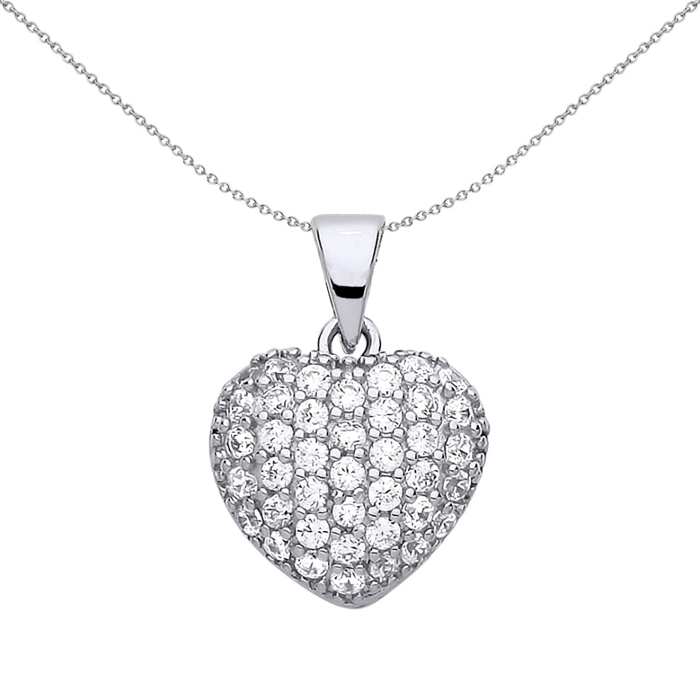 Jewelco London Ladies Sterling Silver Cubic zirconia Domed Encrusted Love Heart Charm Necklace 18 inch - GVP450