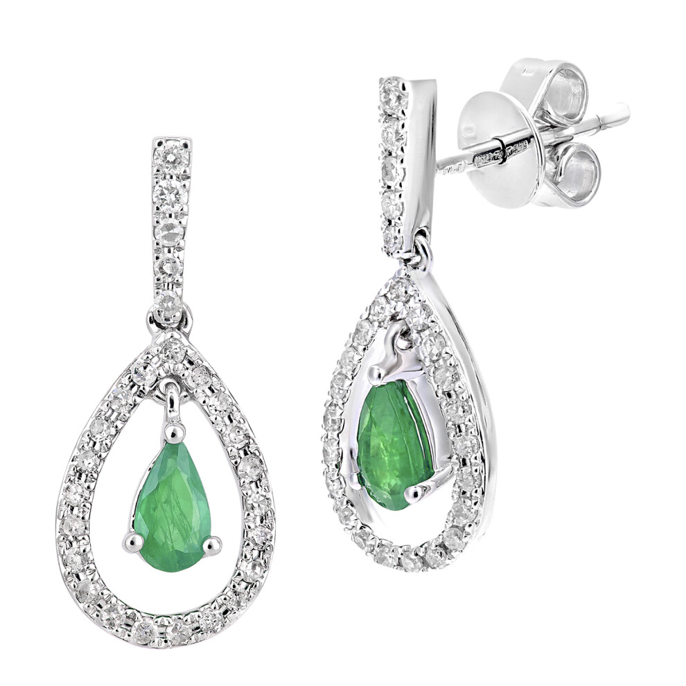 Jewelco London 18ct White Gold Round 20pts Diamond Pear 0.35ct Emerald Teardrop Drop Earrings - DE1AXL608W18EM