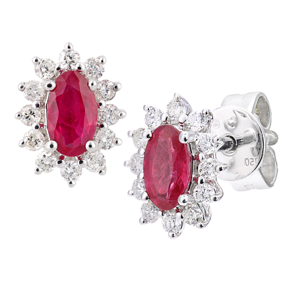 18ct White Gold  1/4ct Diamond Oval Ruby Cluster Stud Earrings - DE1AXL605W18RU