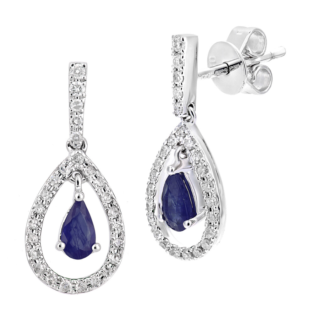 Jewelco London 18ct White Gold Round 20pts Diamond Pear 1/2ct Sapphire Teardrop Drop Earrings - DE1AXL608W18SA