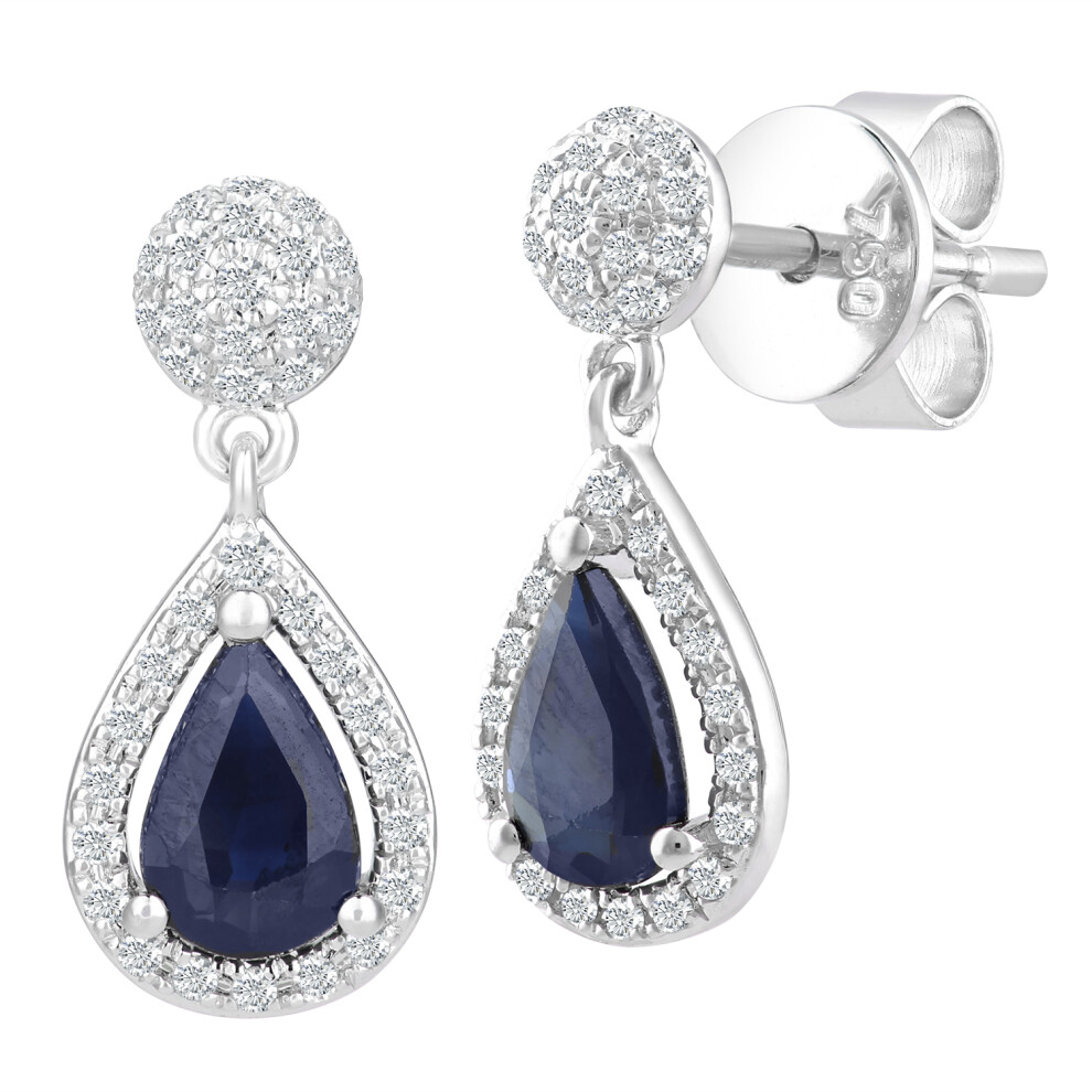 Jewelco London 18ct White Gold Round 20pts Diamond Pear 1ct Sapphire Teardrop Drop Earrings - DE1AXL412SA-18KW