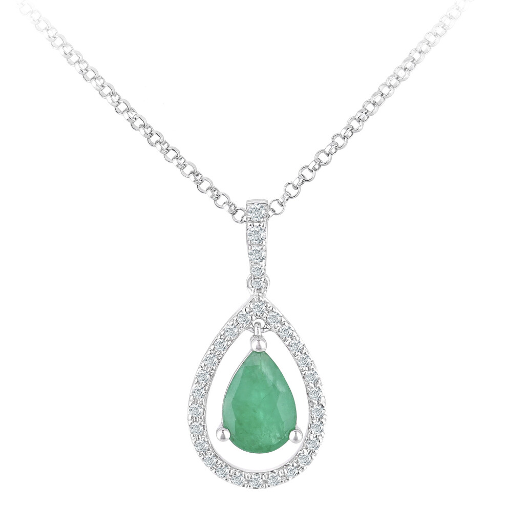 Jewelco London 18ct White Gold Round 10pts Diamond Pear 0.6ct Emerald Teardrop Pendant Necklace 16 inch 42cm - DP1AXL608W18EM