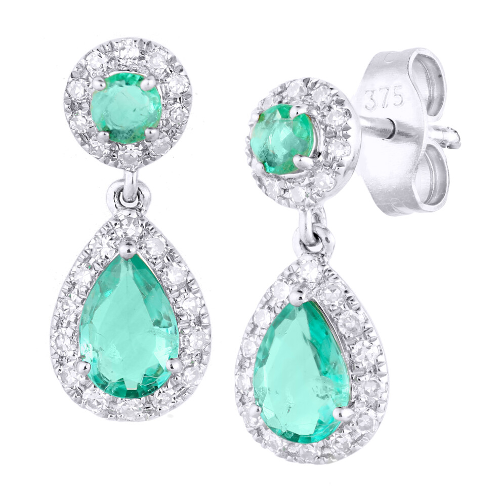 Jewelco London 9ct White Gold Round 1/4ct Diamond Pear 0.83ct Emerald Teardrop Drop Earrings - PE2AXL0159WEM