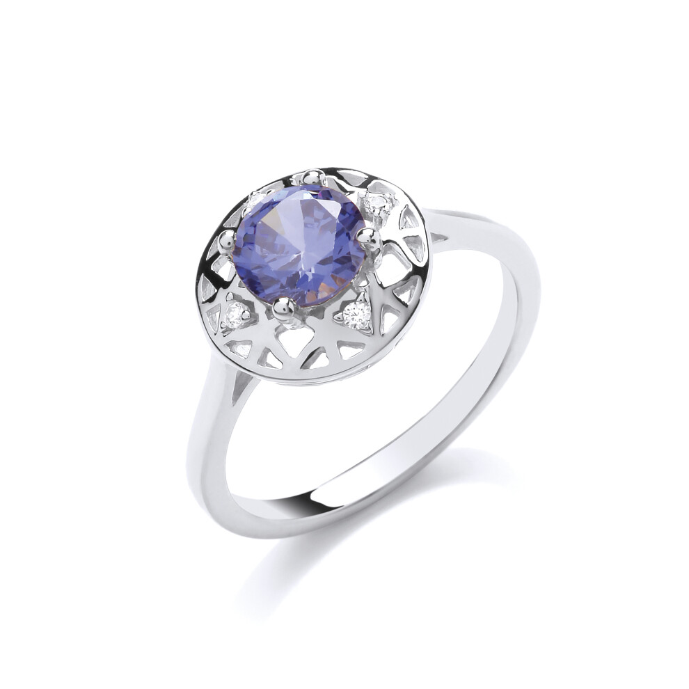 (O) Jewelco London Ladies Rhodium Plated Sterling Silver Lilac Cubic Zirconia Moonlight Frost Cluster Ring