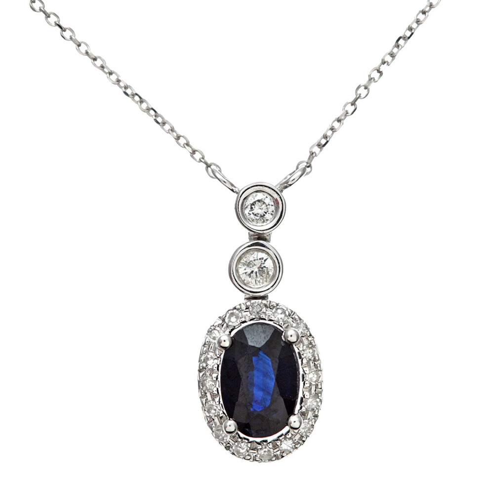 Jewelco London 9ct White Gold Round 8pts Diamond Oval 0.55ct Sapphire Cluster Pendant Necklace 16 inch 42cm - DP1AXL409W-SA
