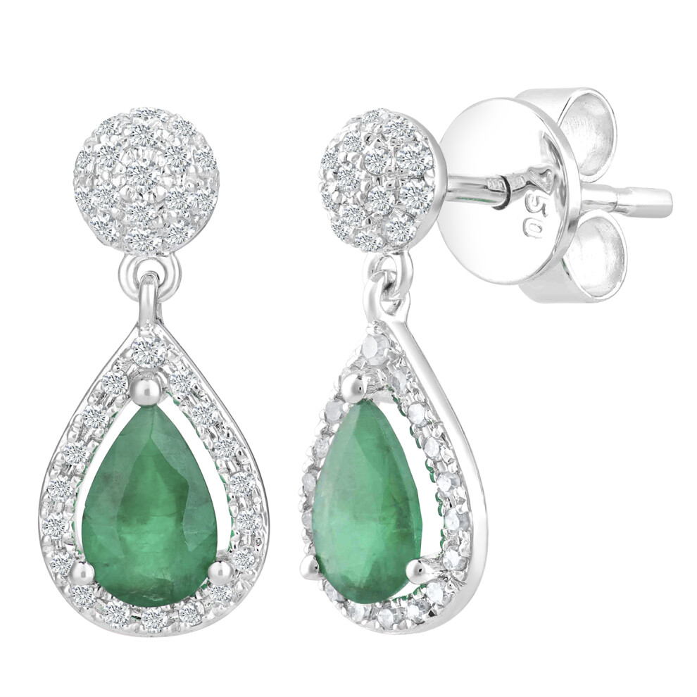 Jewelco London 18ct White Gold Round 1/4ct Diamond Pear 0.7ct Emerald Teardrop Drop Earrings - DE1AXL412EM-18KW