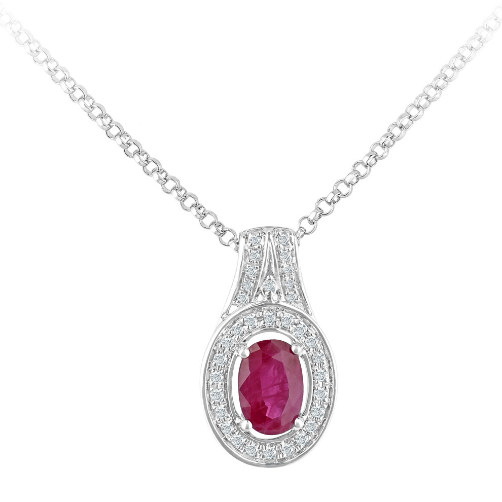 Jewelco London 18ct White Gold Round 8pts Diamond Oval 0.55ct Ruby Cluster Pendant Necklace 16 inch 42cm - DP1AXL609W18RU