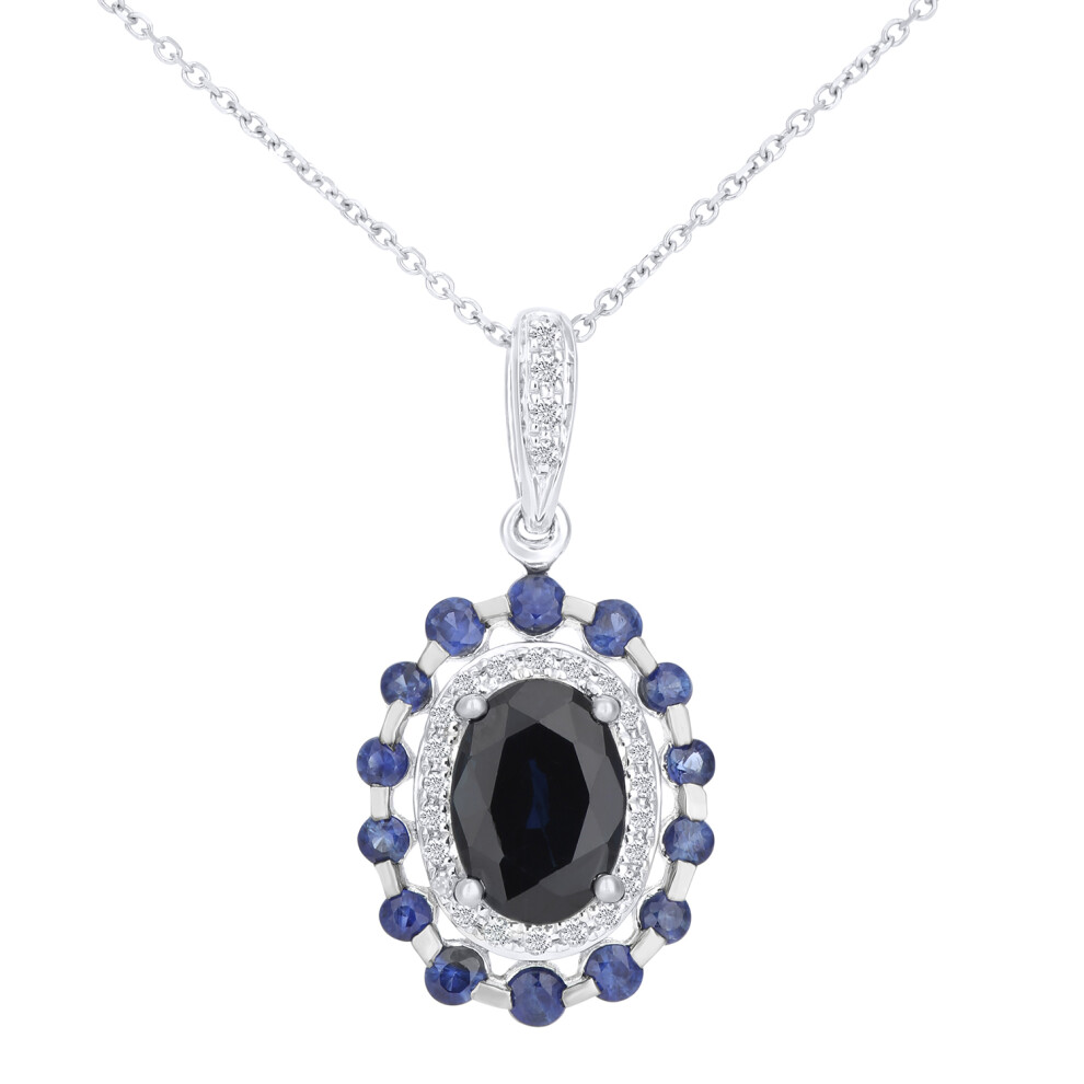 9ct White Gold  Diamond Oval 1.42ct Sapphire Cluster Necklace 16" - DP1AXL410W-SA