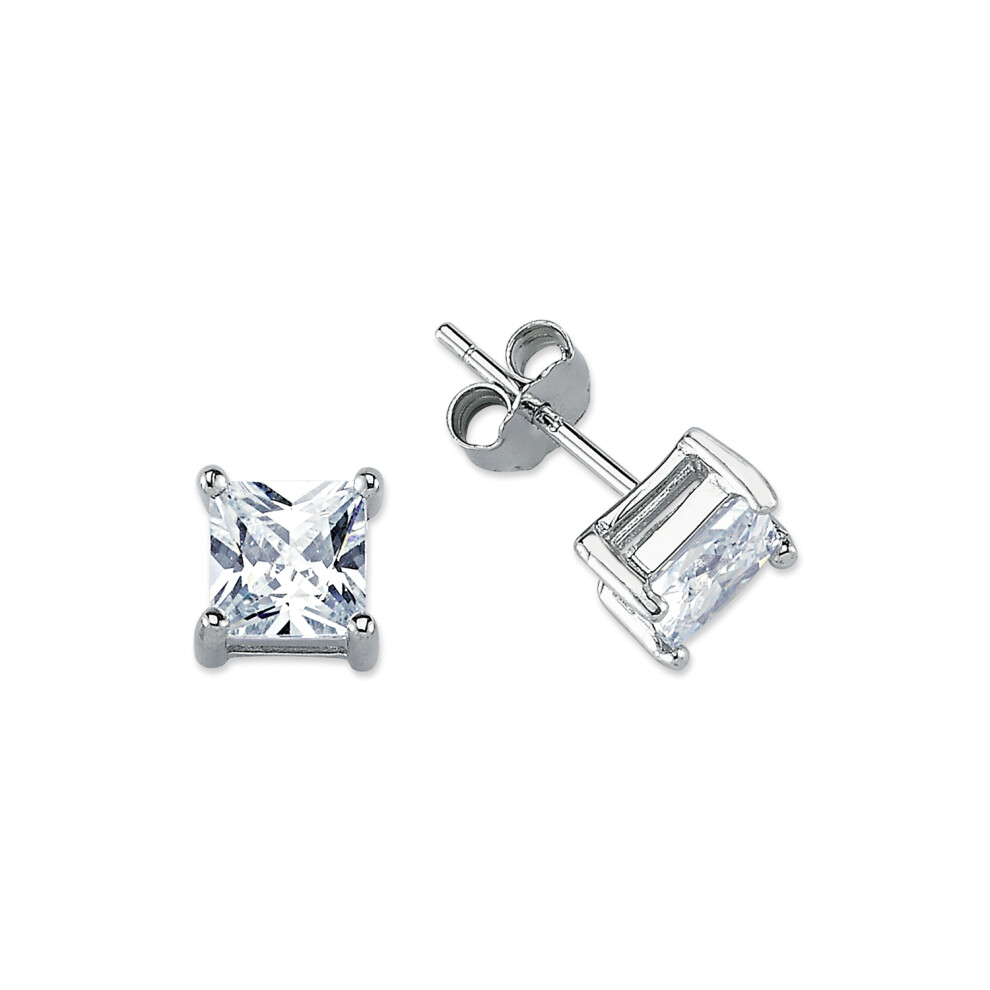 Rhodium Silver  Princess CZ Solitaire Stud Earrings 6mm - AES056A