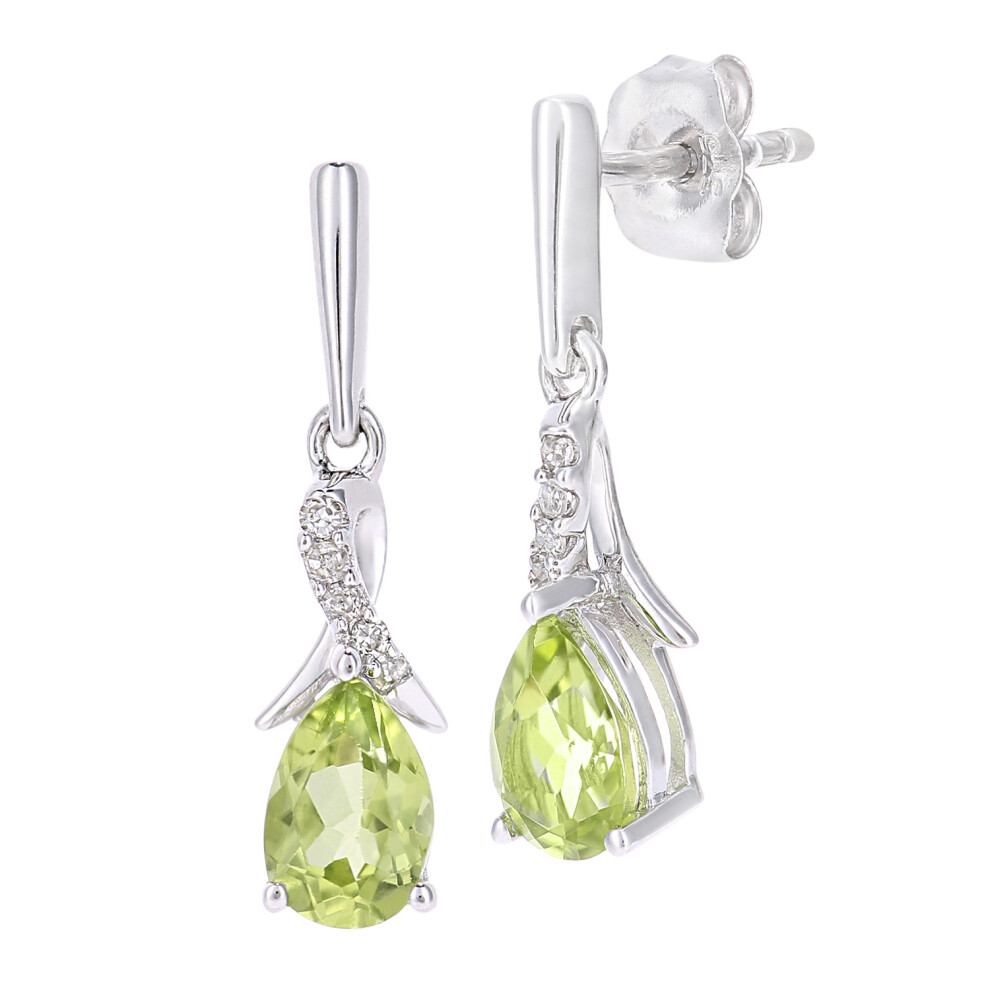 Jewelco London 9ct White Gold Round 5pts Diamond Pear 0.94ct Peridot Kiss Crossover Drop Earrings - PE0AXL5562WPD