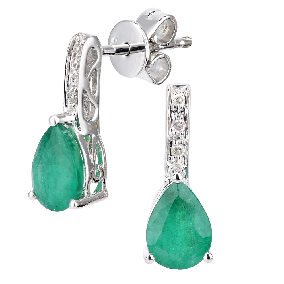 Jewelco London 9ct White Gold Round 3pts Diamond Pear 1.3ct Emerald Teardrop Drop Earrings - DE1AXL602WEM