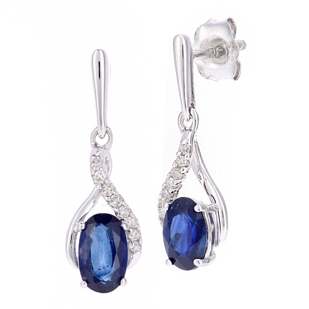 Jewelco London 9ct White Gold Round 5pts Diamond Oval 1.03ct Sapphire Kiss Crossover Drop Earrings - PE0AXL5561WSA