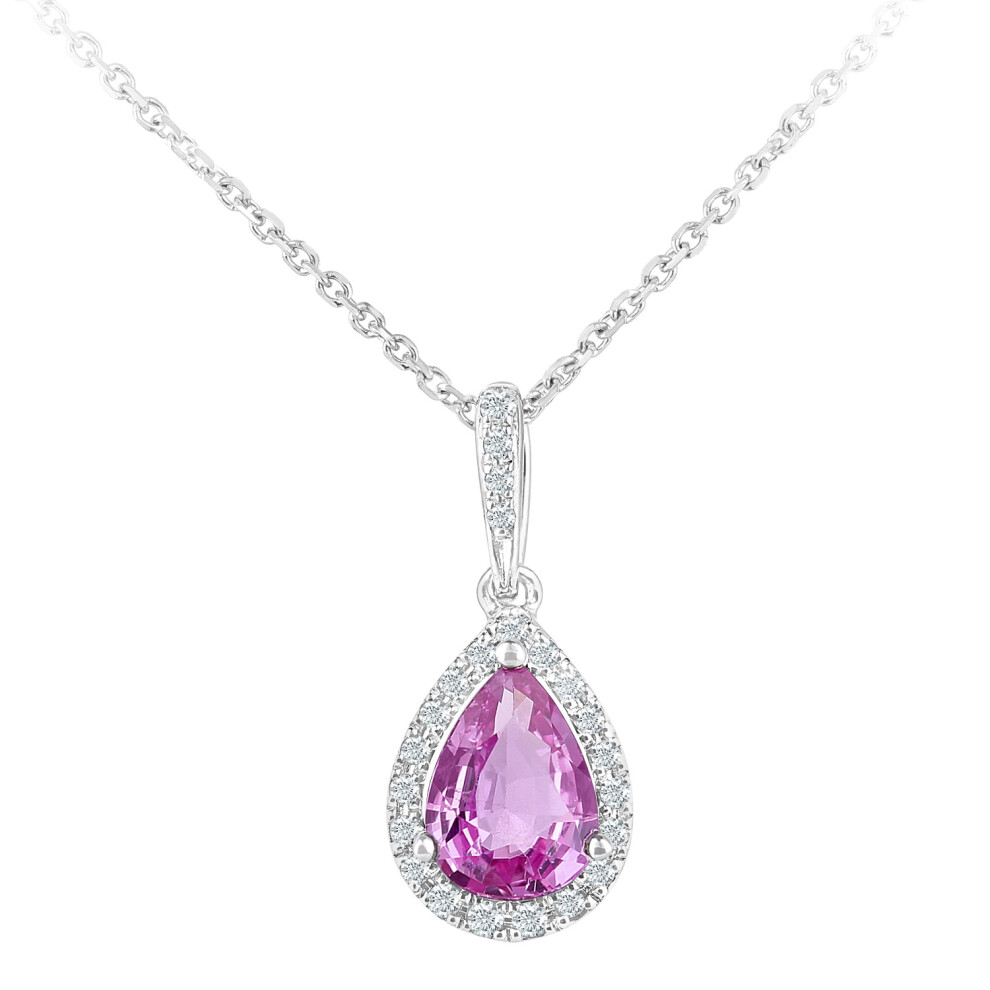 Jewelco London 9ct White Gold Round 8pts Diamond Pear 0.8ct Created Sapphire Teardrop Pendant Necklace 16 inch 42cm - DP1AXL618WCPSA