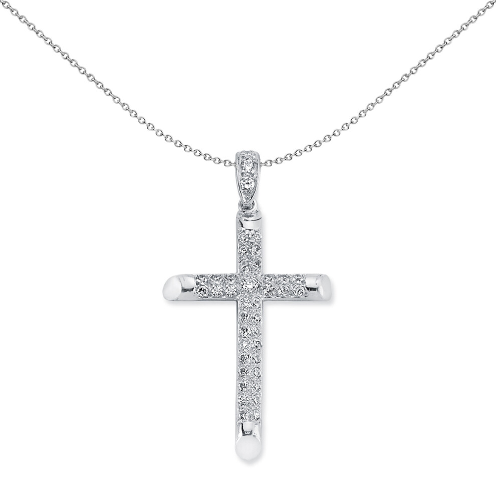 Jewelco London Rhodium Plated Sterling Silver Round Cubic Zirconia 2 Row Pave Cross Pendant Necklace 50mm 18 inch - APX016
