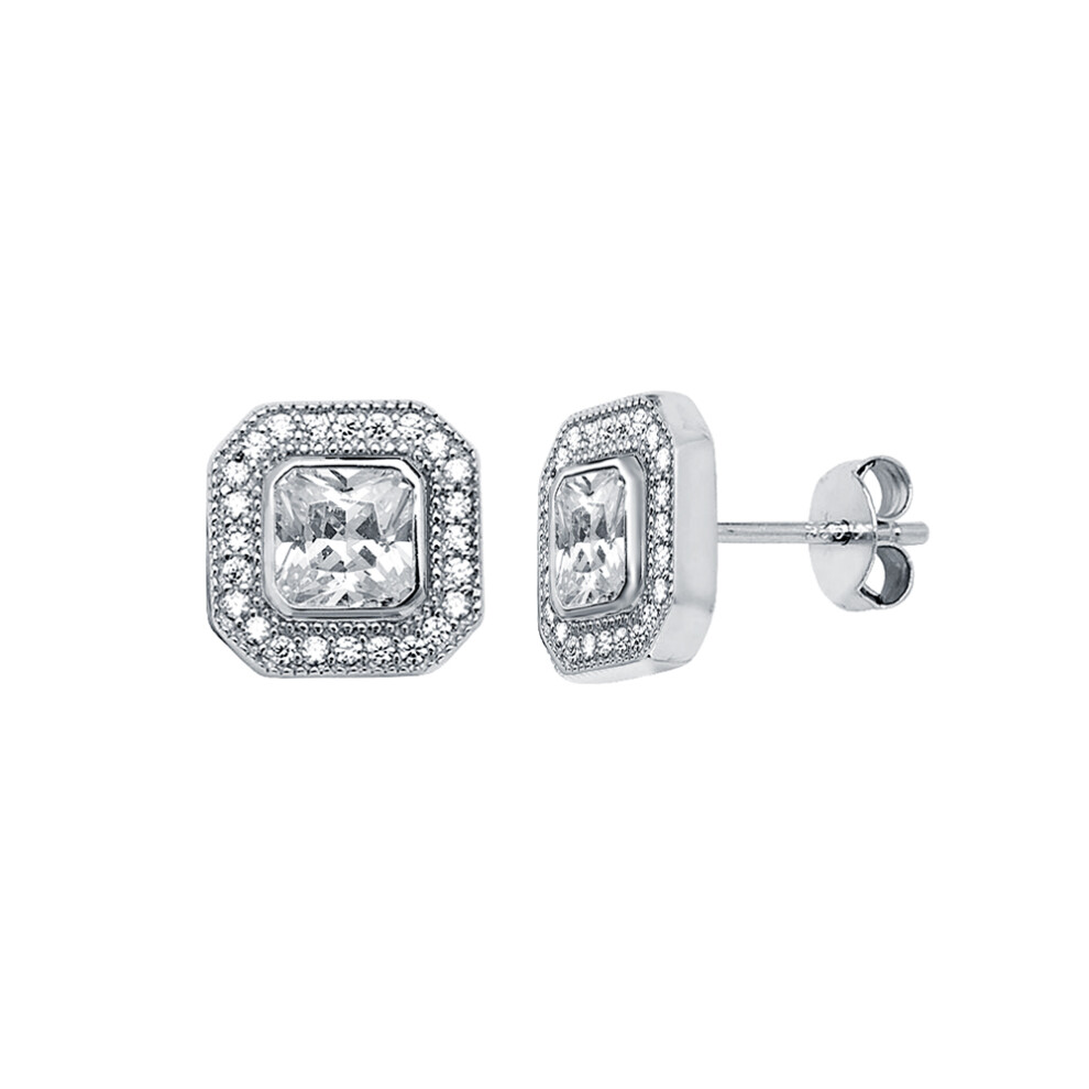 Jewelco London Rhodium Plated Sterling Silver Square Cubic Zirconia Halo Stud Earrings 5mm 9mm - AES118