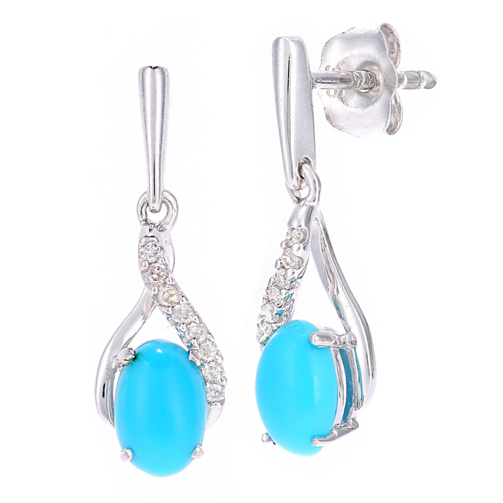 Jewelco London 9ct White Gold Round 5pts Diamond Oval 0.7ct Turquoise Kiss Crossover Drop Earrings - PE0AXL5561WTQ